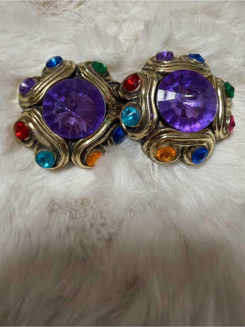 Multicolor Crystal Statement Clip-On Earrings with Large Purple Stones